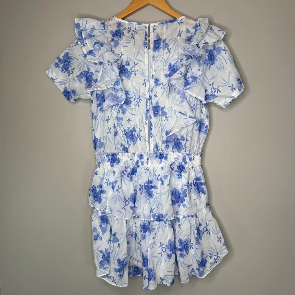 LoveShackFancy Womens XL Floral Mini Dress Blue White Ruffle Cotton